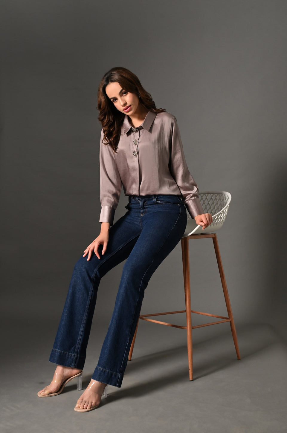 Light mocha shirt with crystal buttons