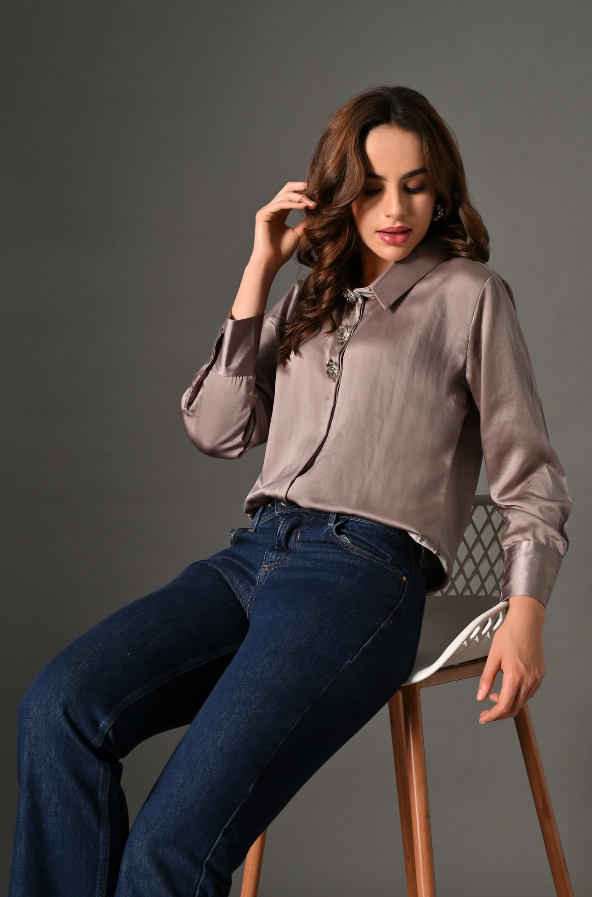 Light mocha shirt with crystal buttons