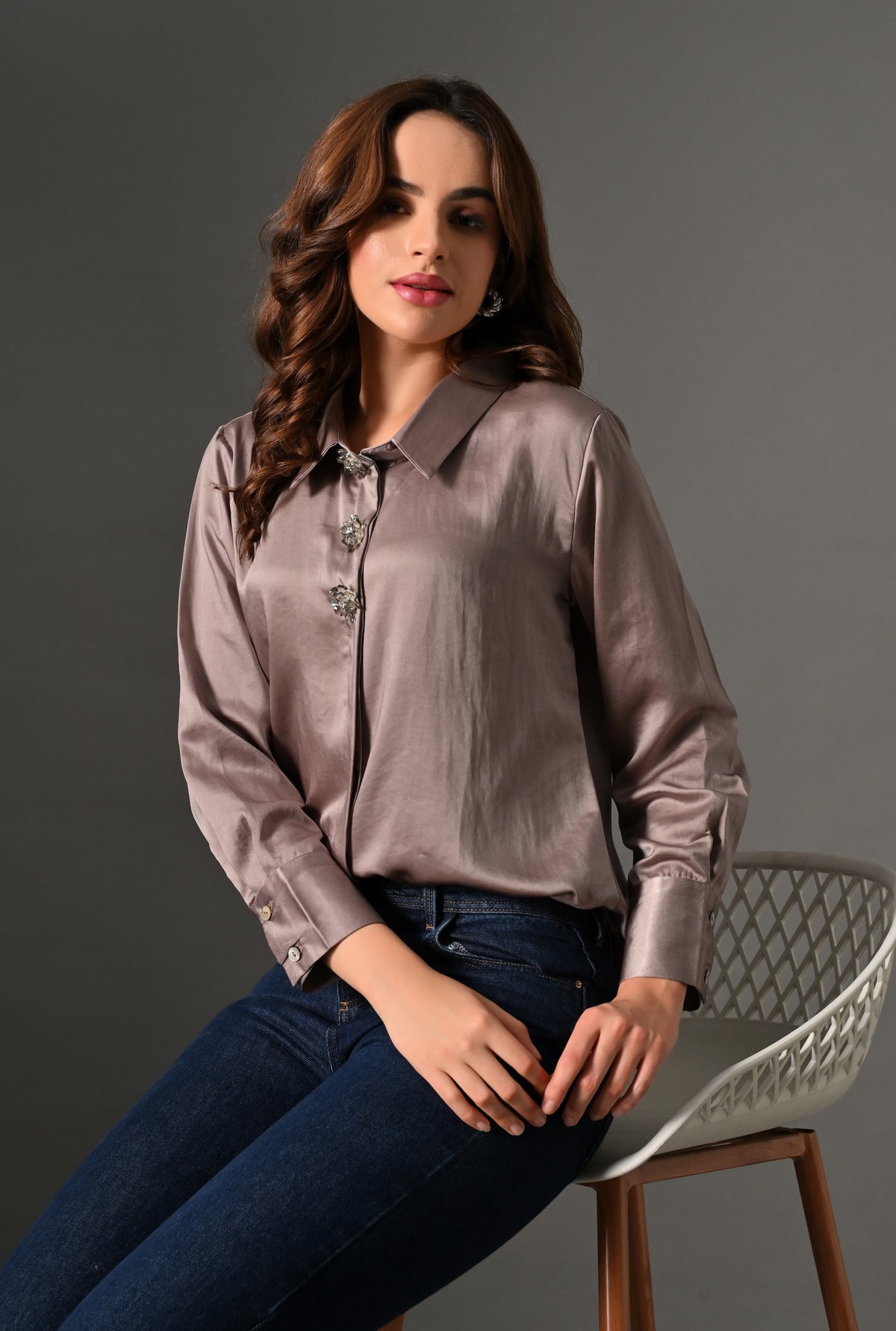 Light mocha shirt with crystal buttons