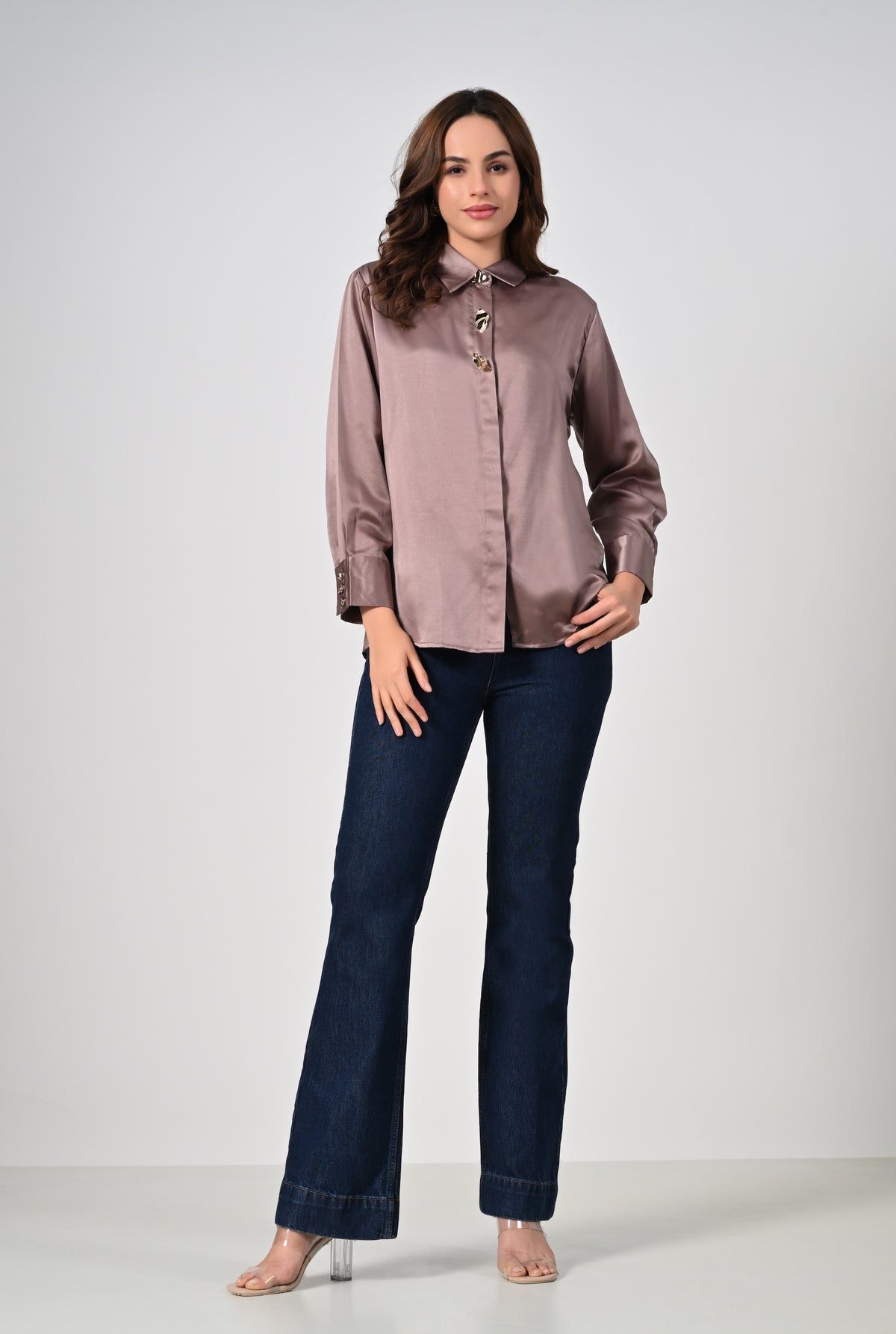 Mocha satin shirt with golden buttons