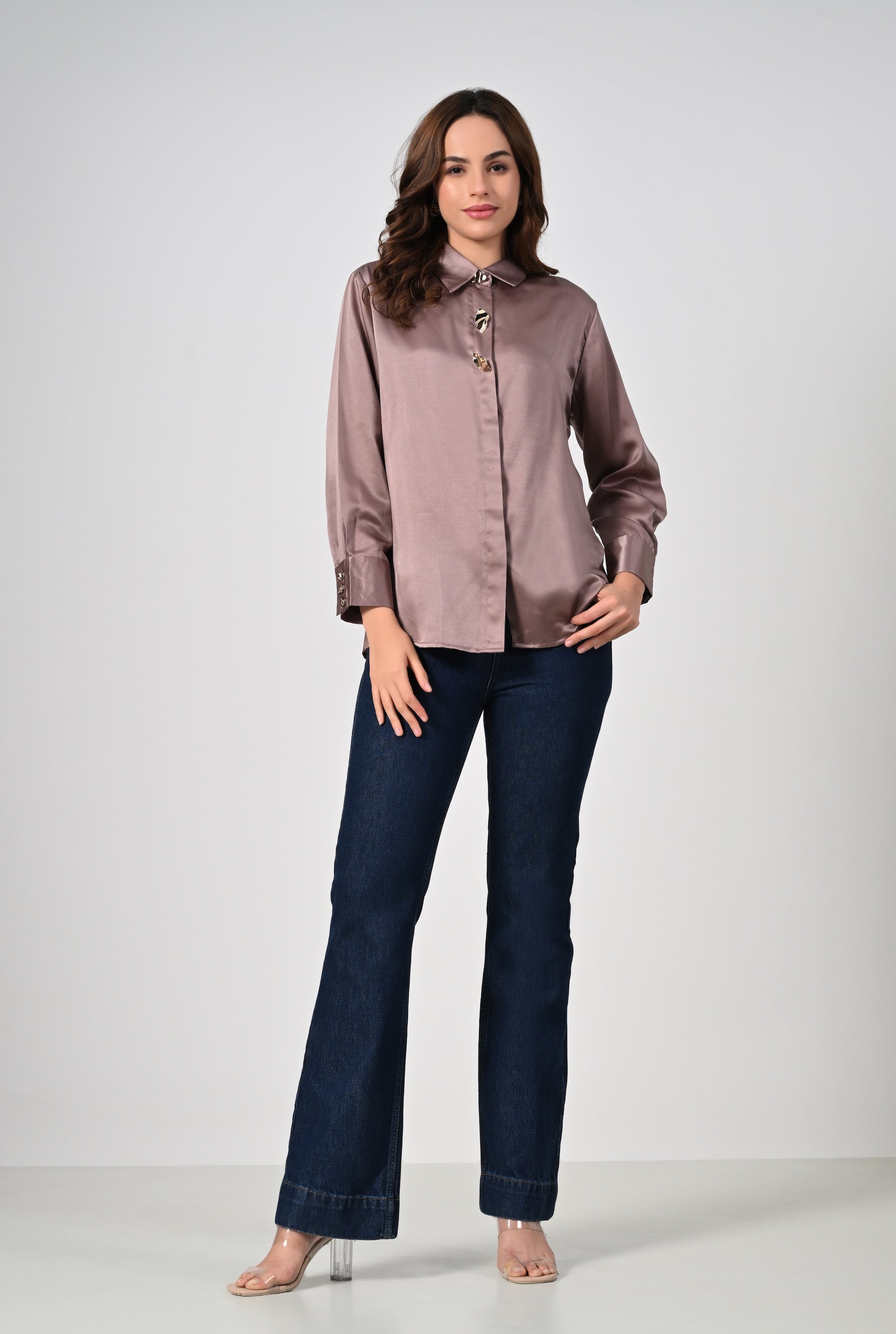 Mocha satin shirt with golden buttons