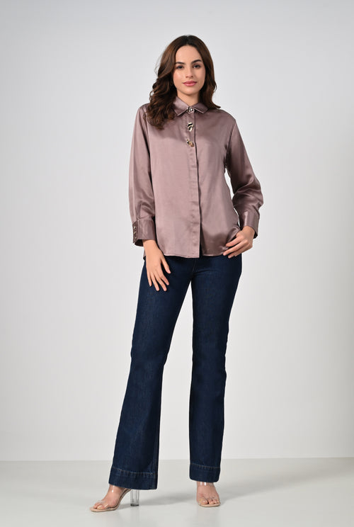 Mocha satin shirt with golden buttons