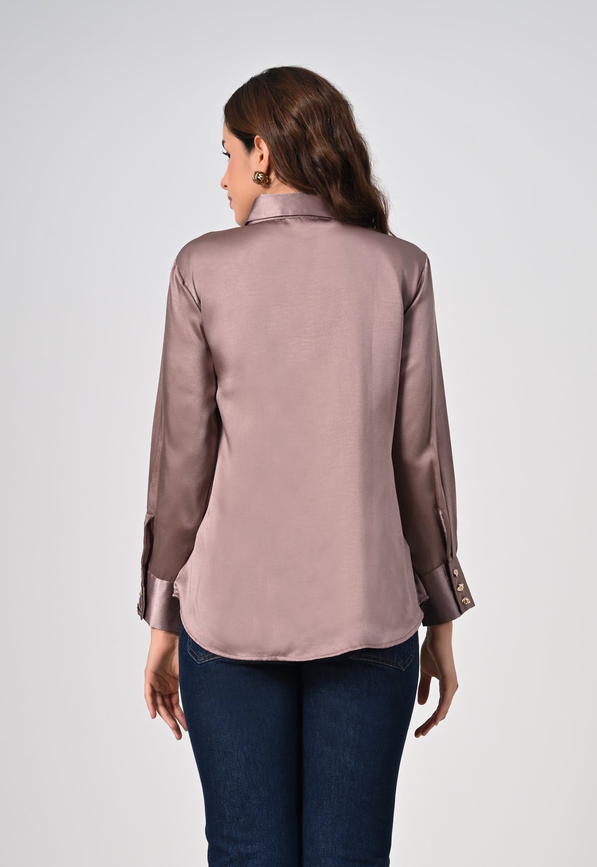 Mocha satin shirt with golden buttons