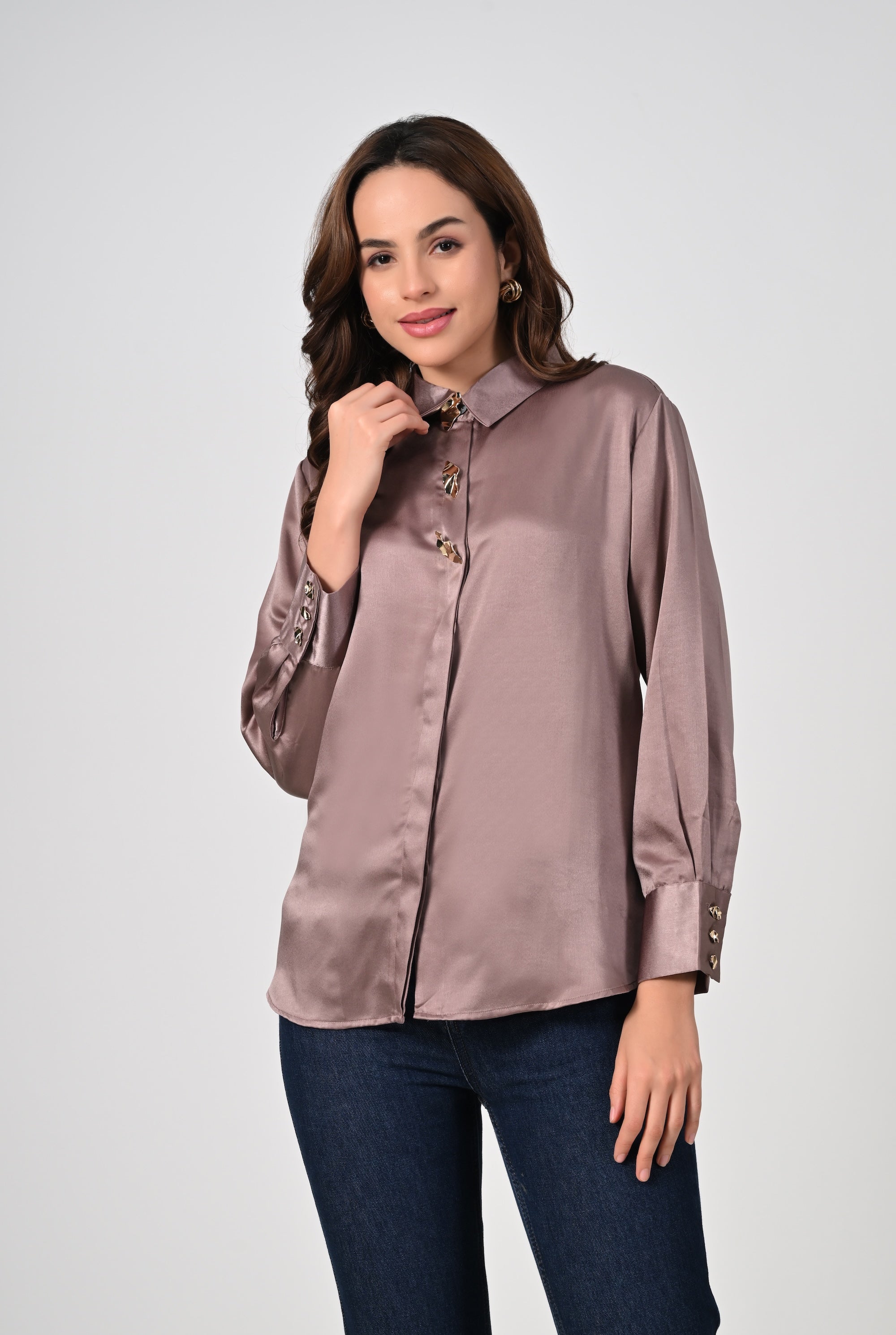 Mocha satin shirt with golden buttons
