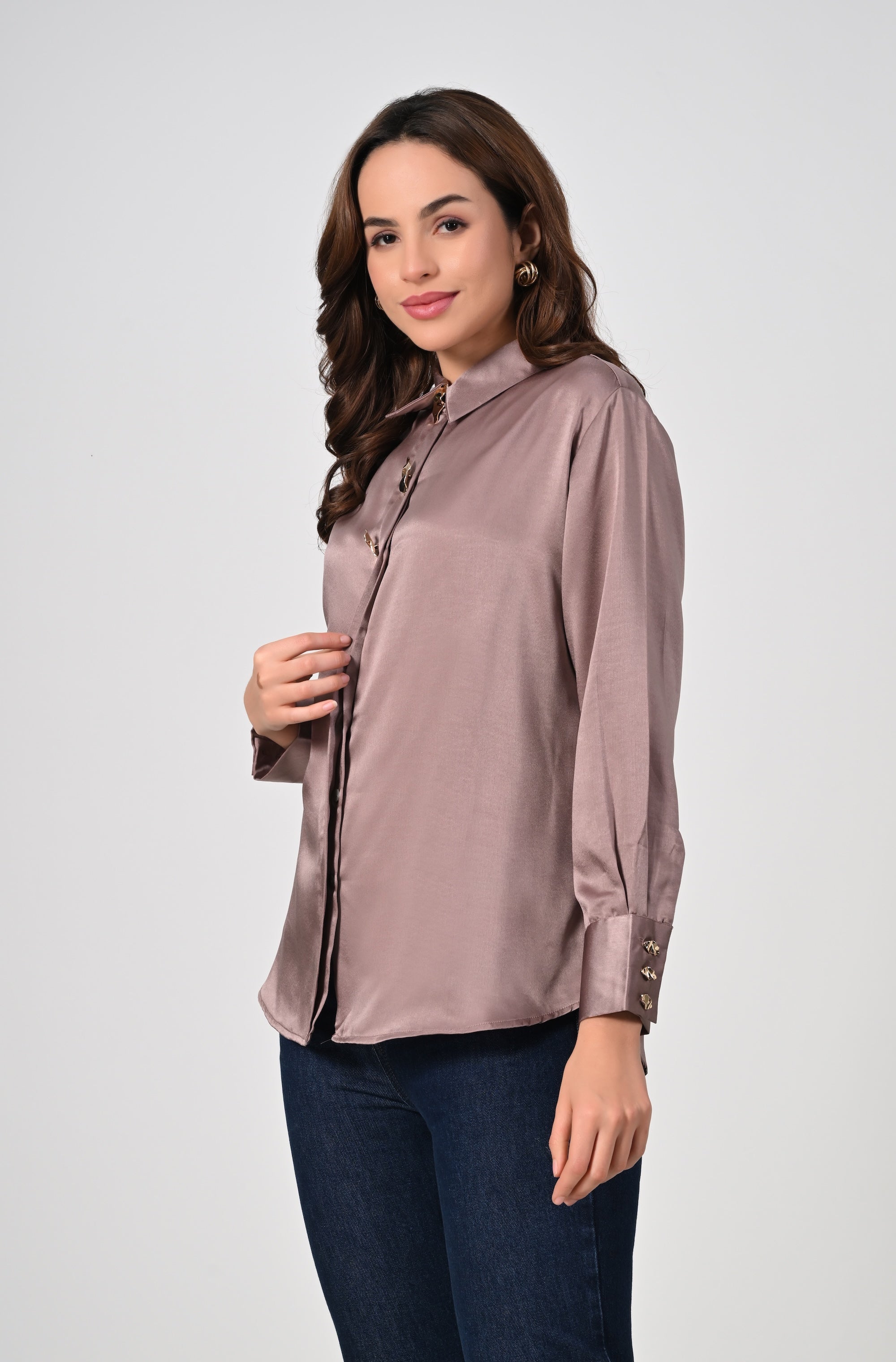 Mocha satin shirt with golden buttons