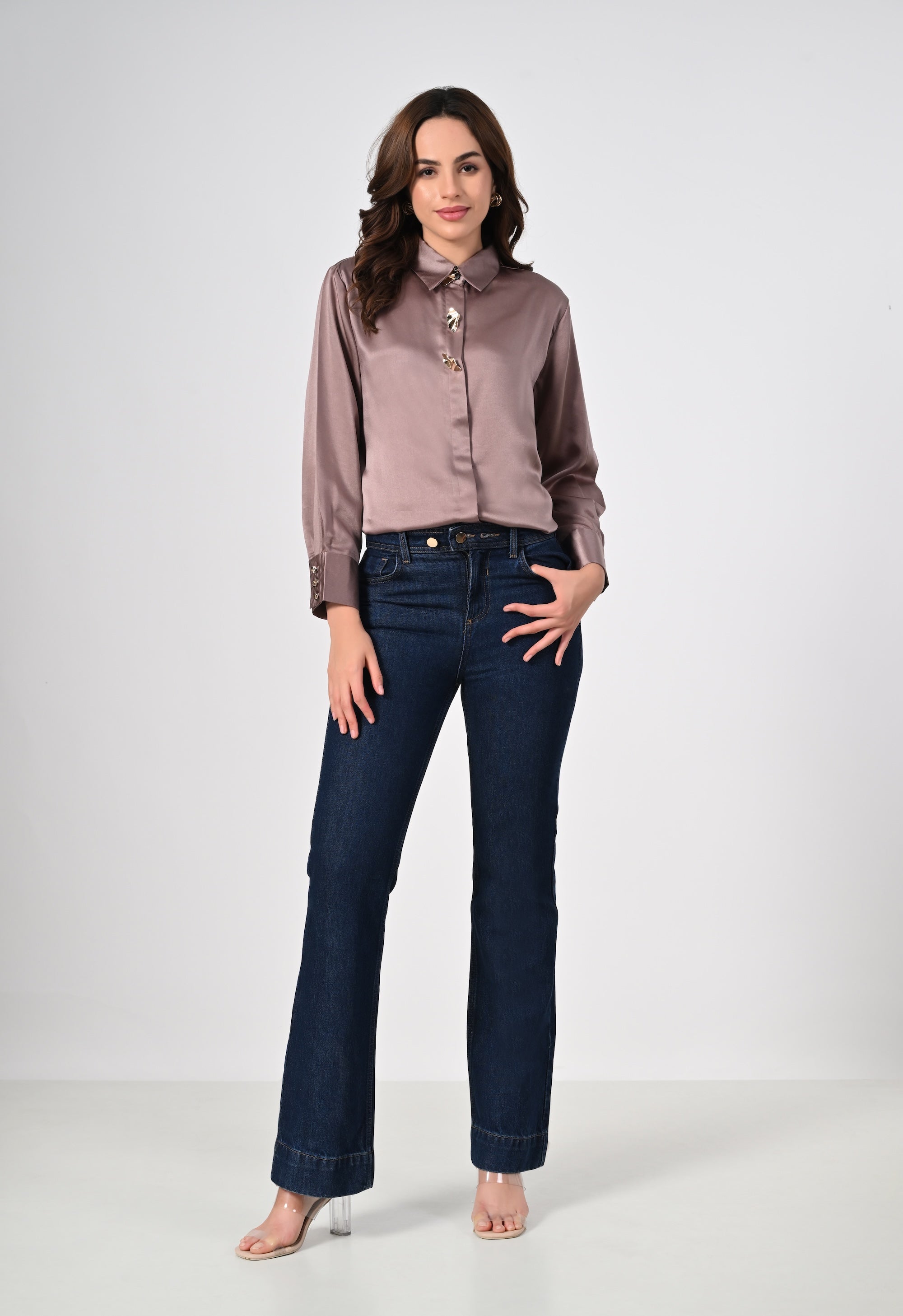 Mocha satin shirt with golden buttons