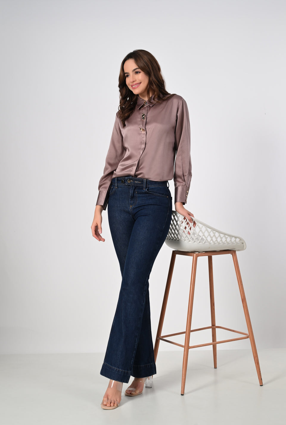 Mocha satin shirt with golden buttons