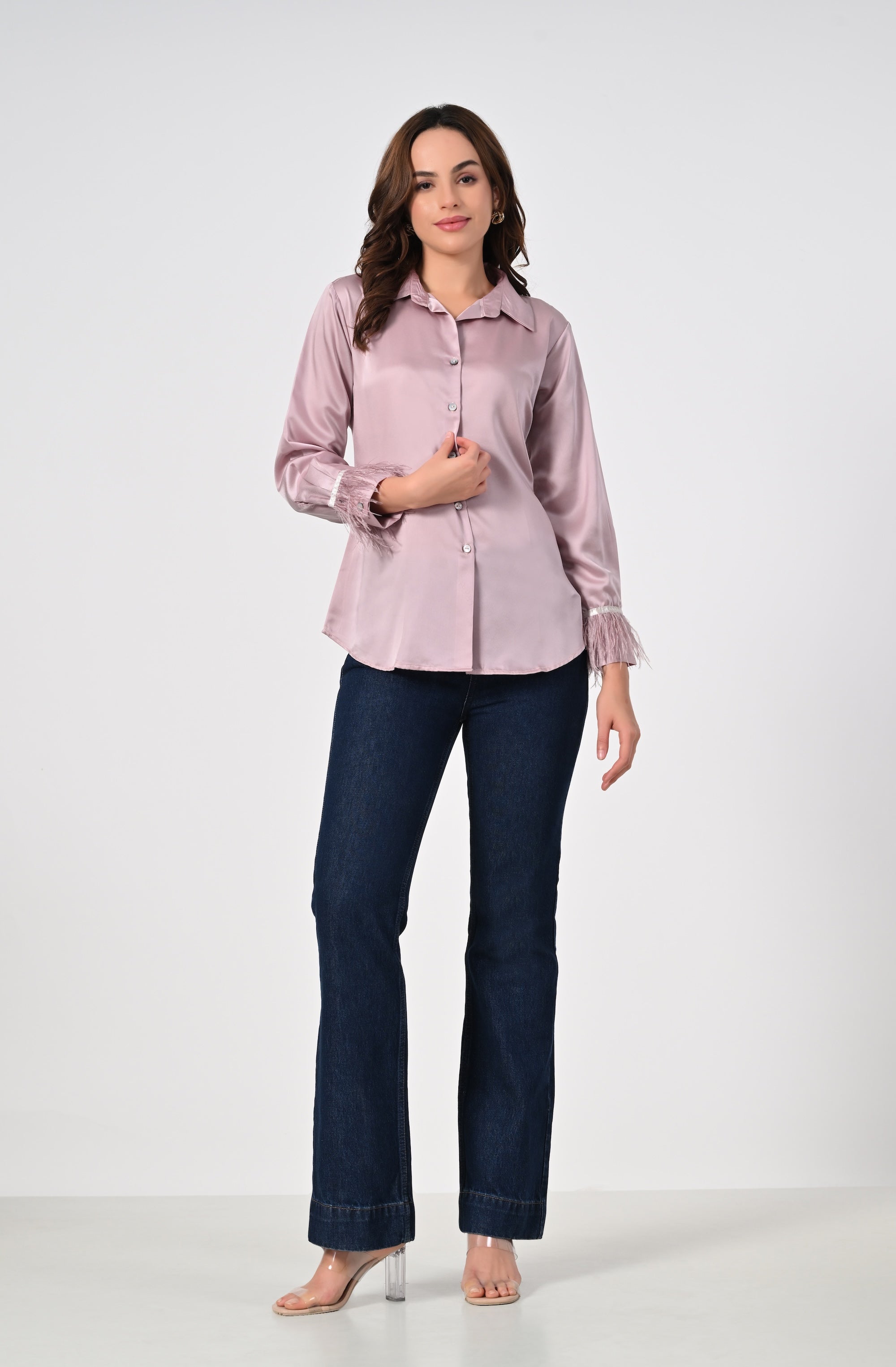 Blush pink shirt with fur sleeves