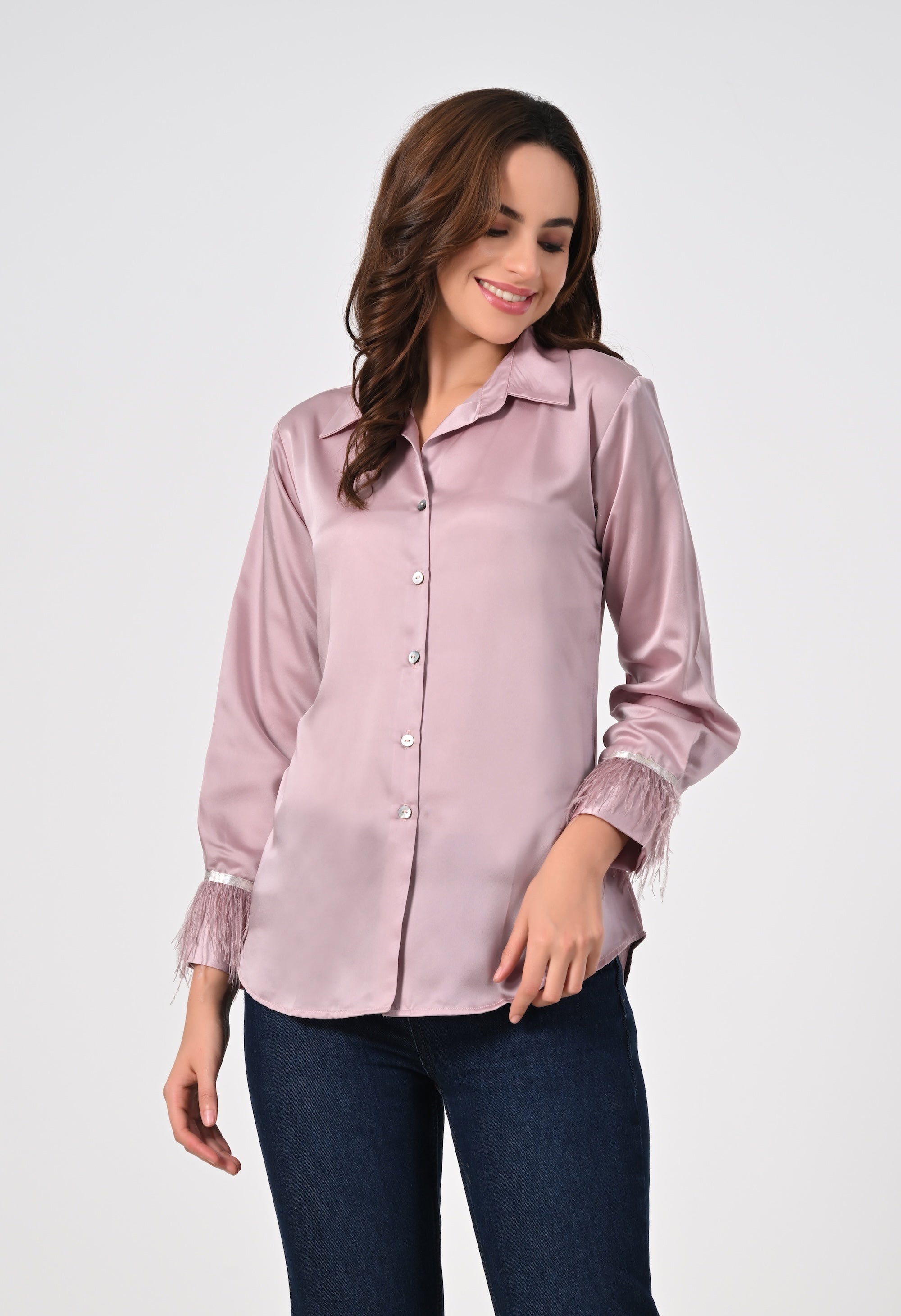 Blush pink shirt with fur sleeves