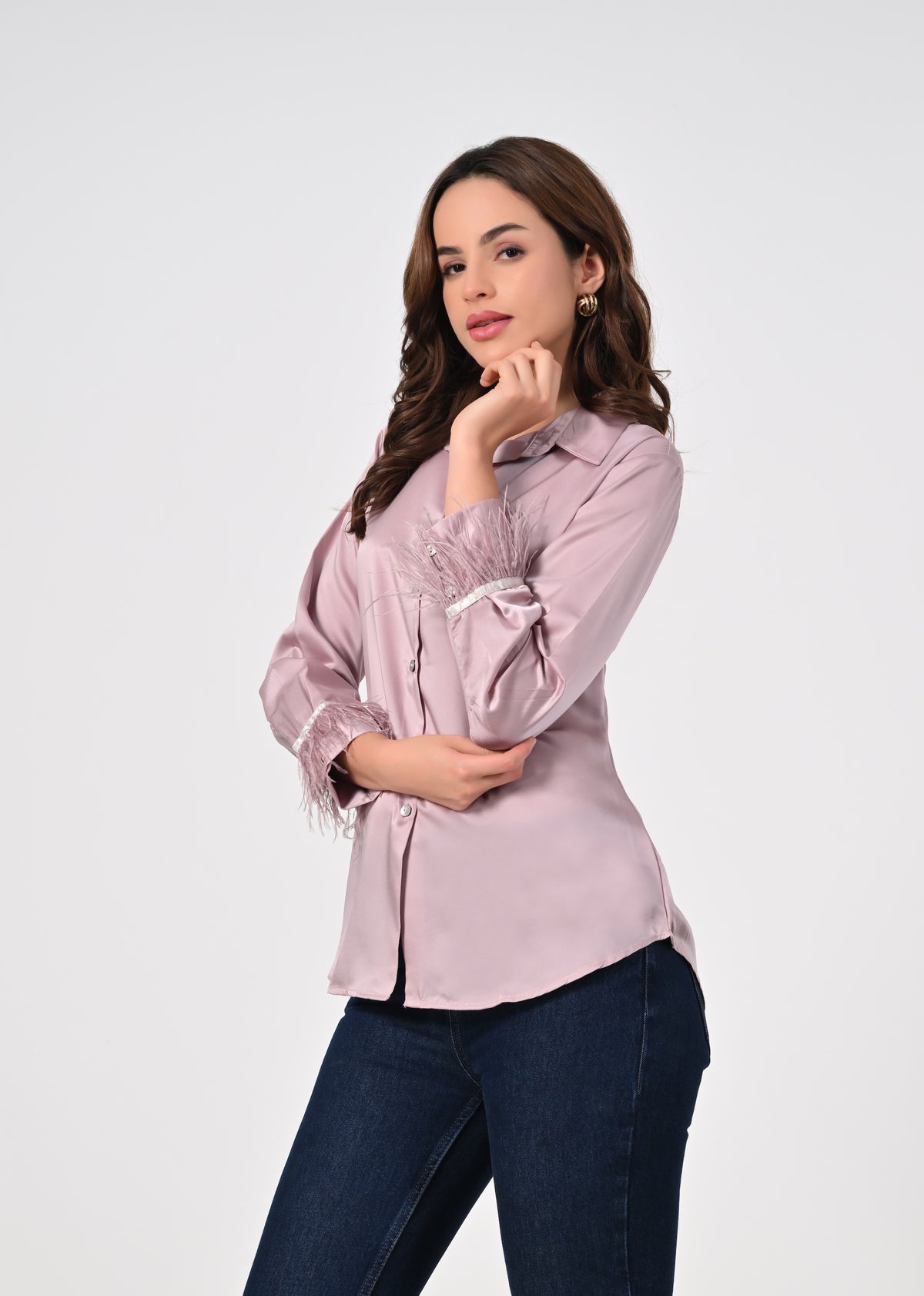 Blush pink shirt with fur sleeves