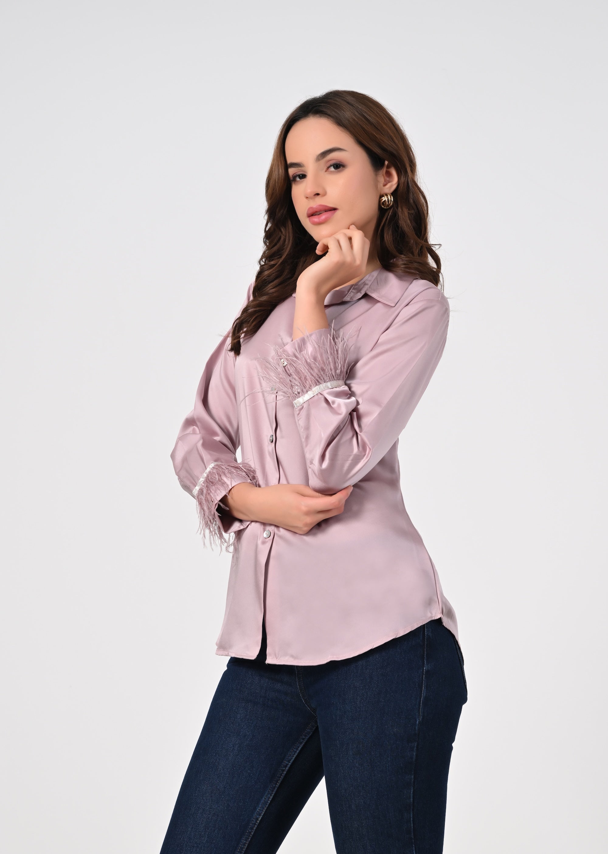 Blush pink shirt with fur sleeves