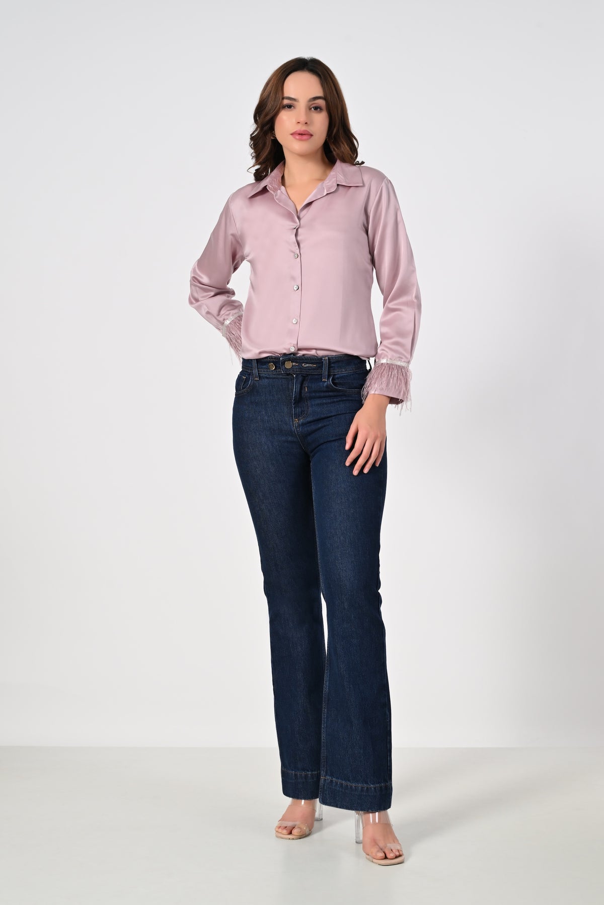 Blush pink shirt with fur sleeves