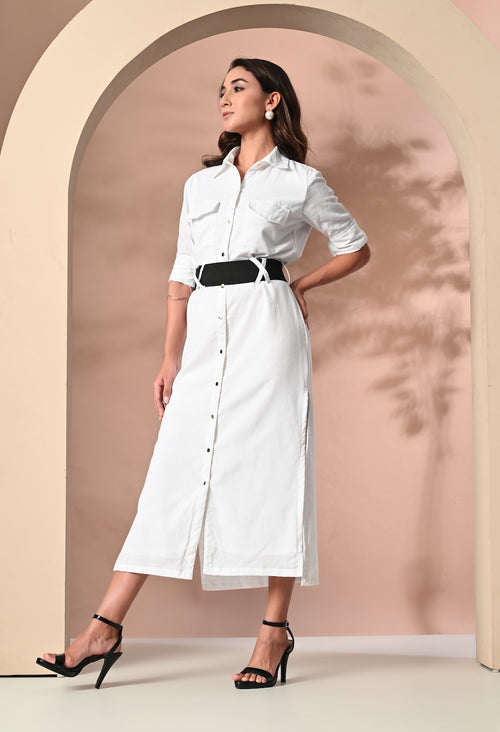 White midi shirt dress with cross buckles