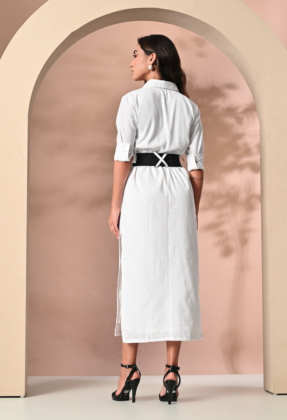 White midi shirt dress with cross buckles