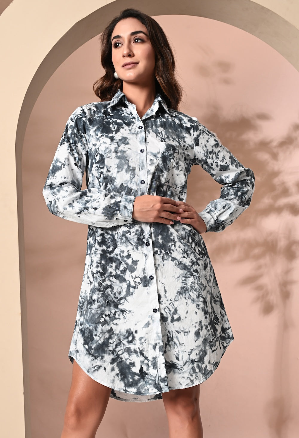 White and grey tie and dye shirt dress