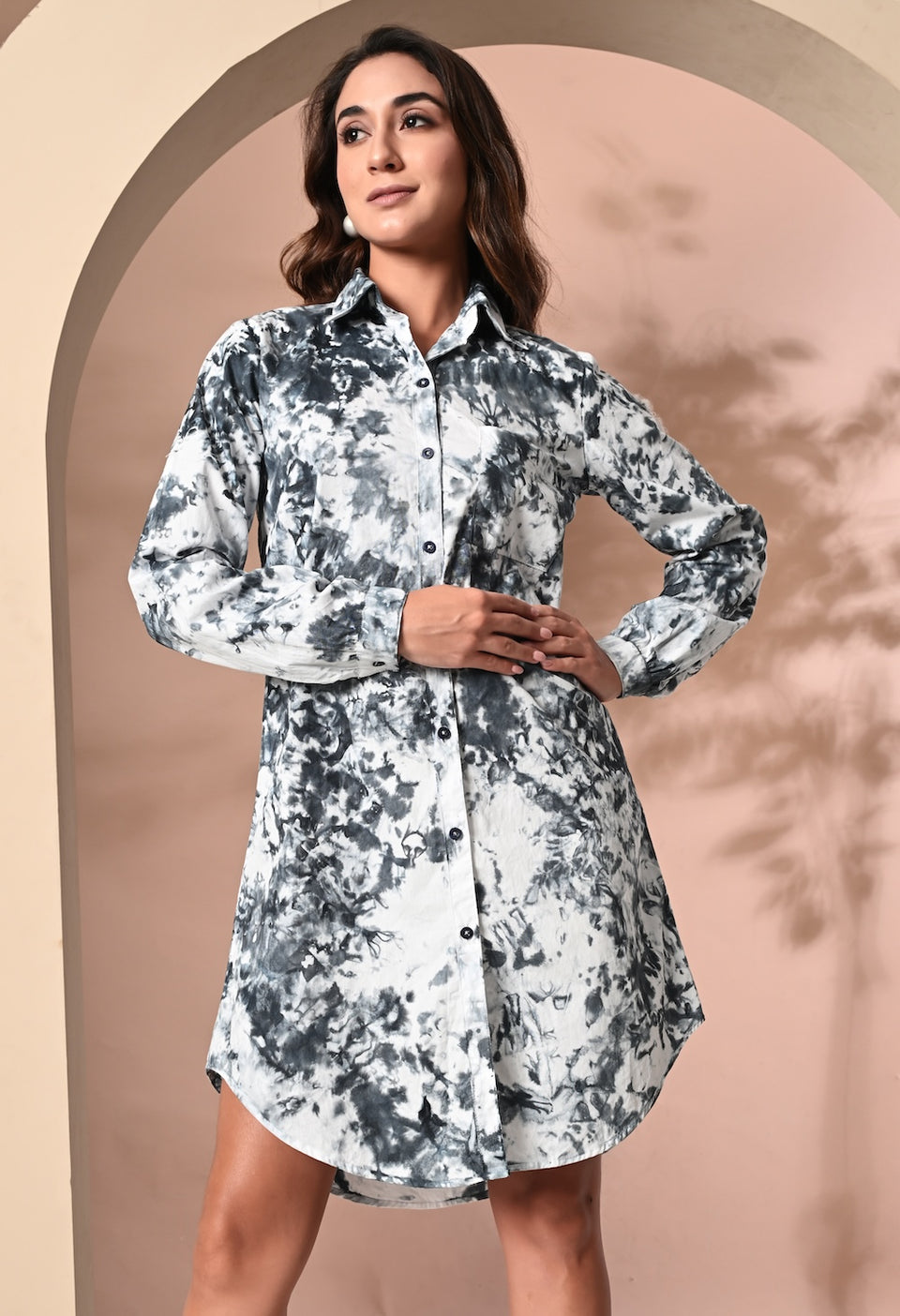 White and grey tie and dye shirt dress