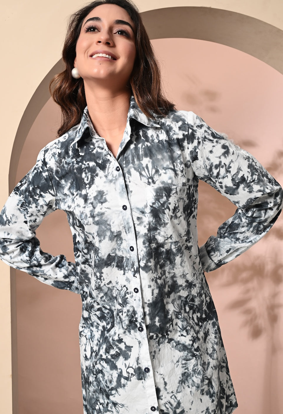 White and grey tie and dye shirt dress