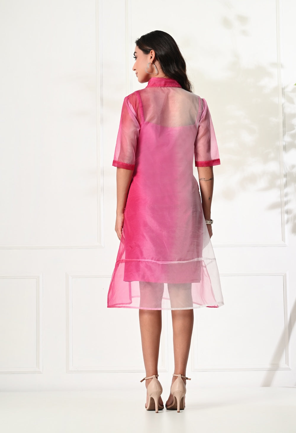 Pink organza sheer dress with belt