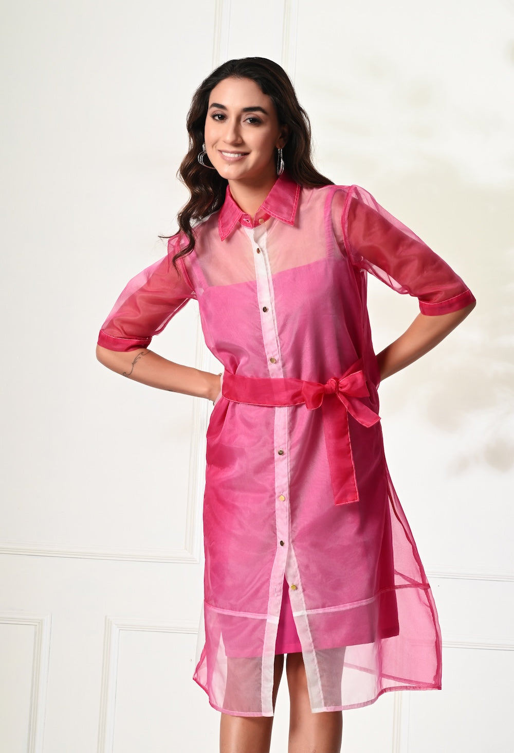 Pink organza sheer dress with belt