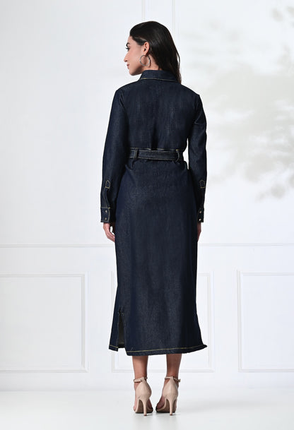 Blue Denim midi shirt dress with belt