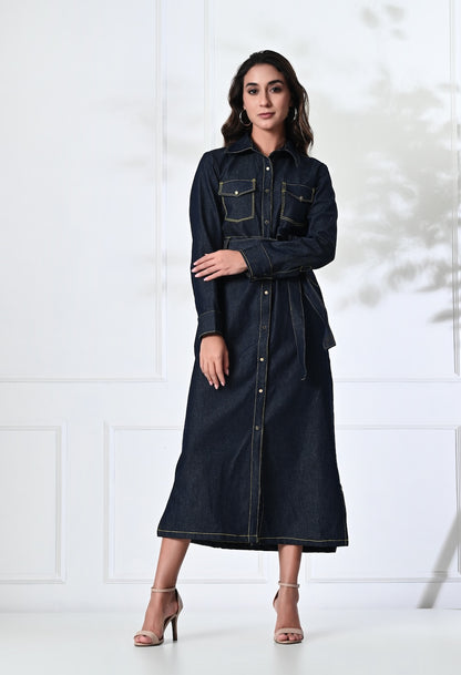 Blue Denim midi shirt dress with belt