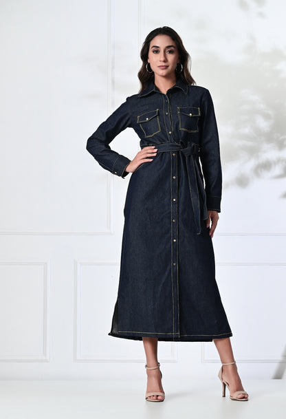 Blue Denim midi shirt dress with belt