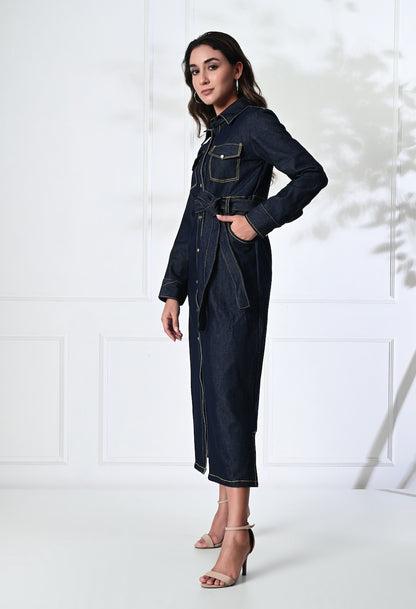 Blue Denim midi shirt dress with belt