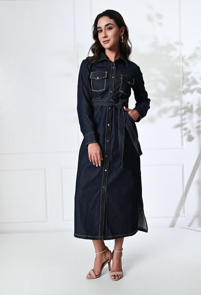 Blue Denim midi shirt dress with belt