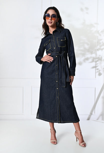 Blue Denim midi shirt dress with belt