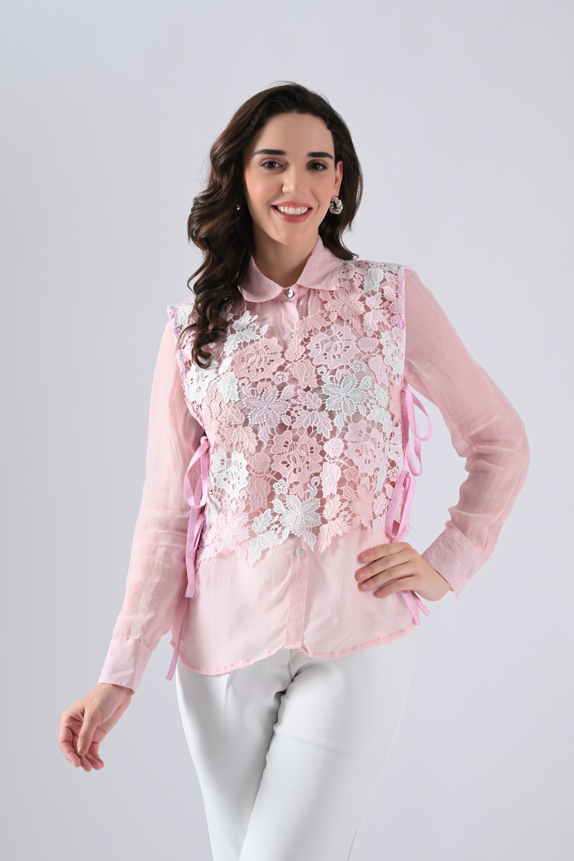 Pink Organza Shirt with Lace-work Cape and Tie Strings