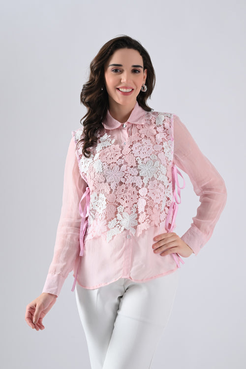 Pink Organza Shirt with Lace-work Cape and Tie Strings