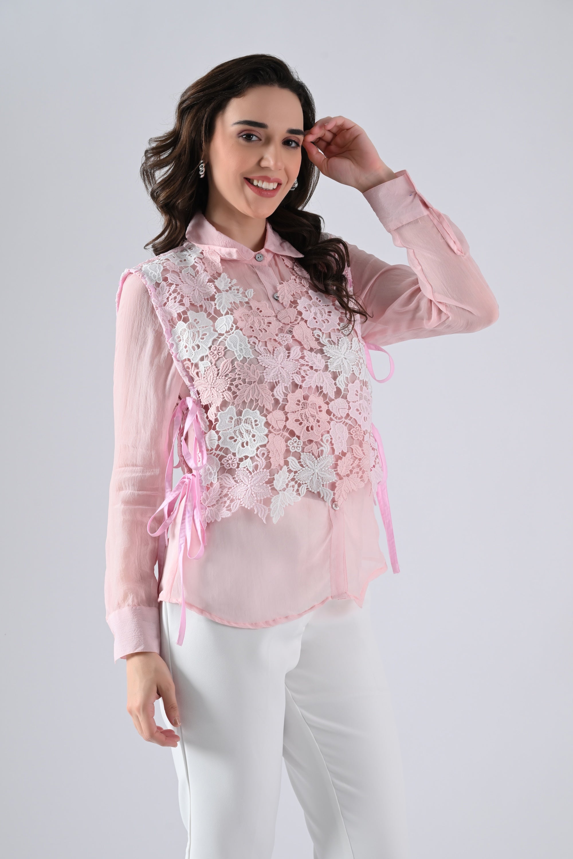 Pink Organza Shirt with Lace-work Cape and Tie Strings