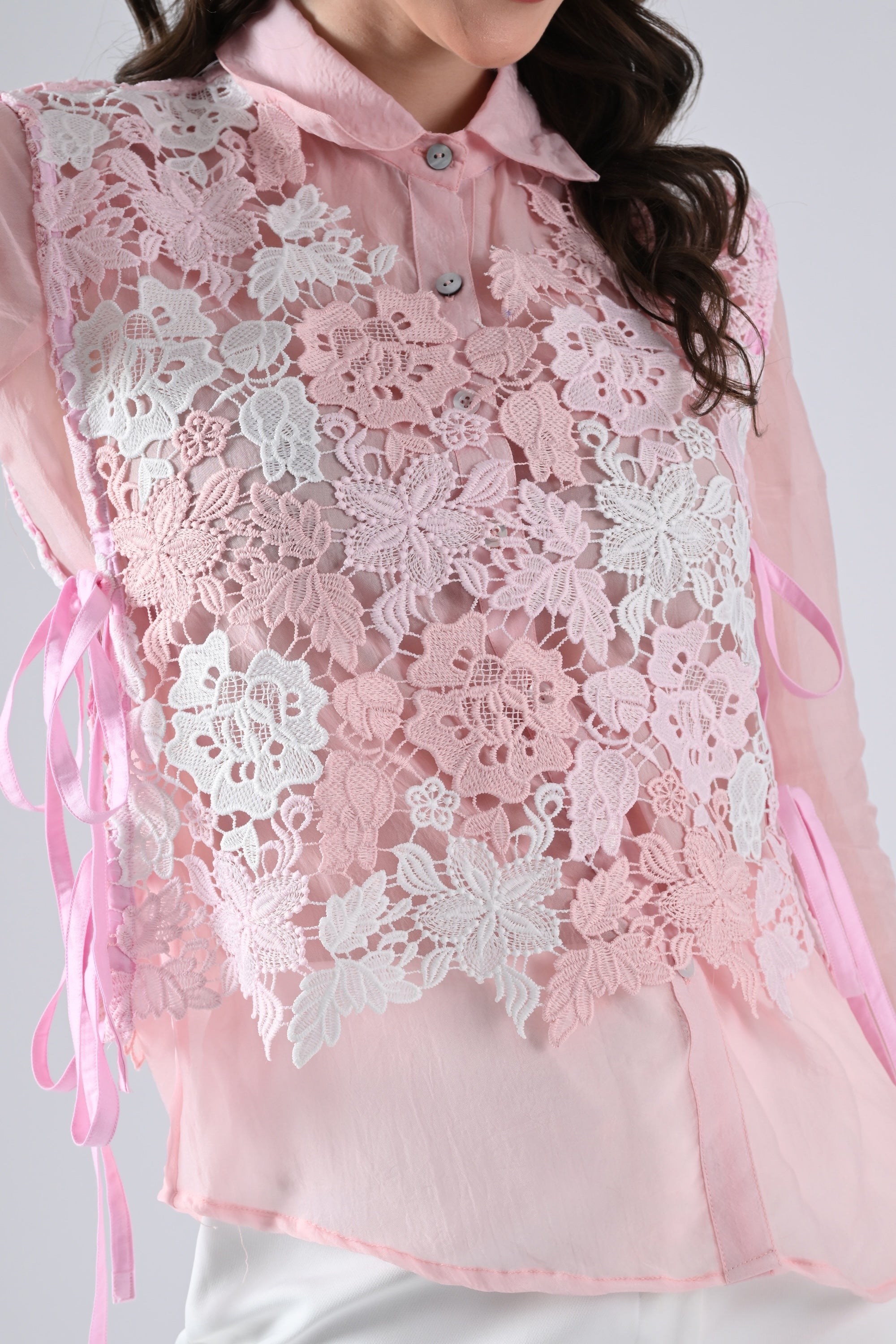 Pink Organza Shirt with Lace-work Cape and Tie Strings