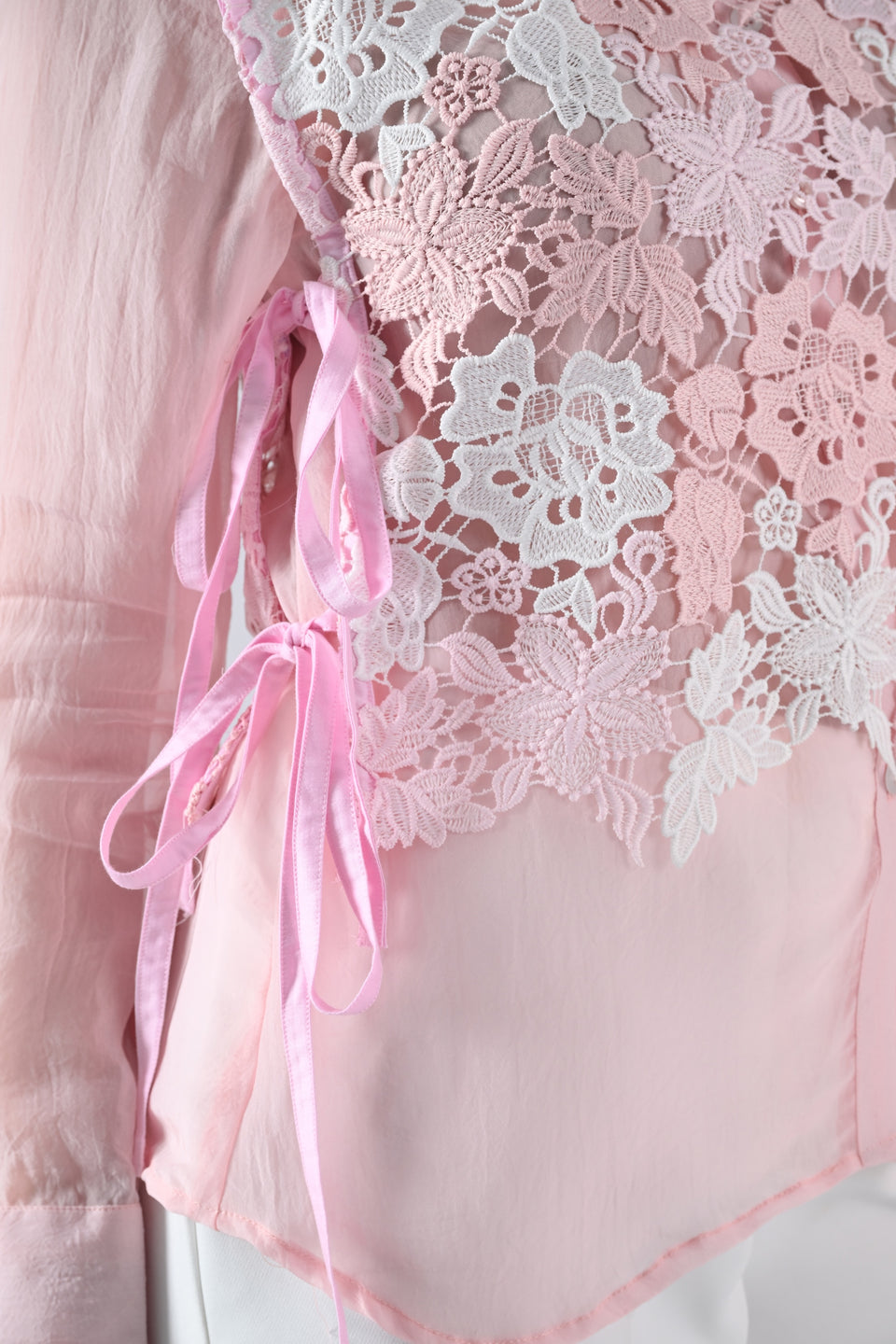 Pink Organza Shirt with Lace-work Cape and Tie Strings
