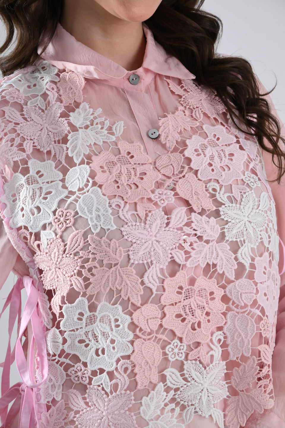 Pink Organza Shirt with Lace-work Cape and Tie Strings