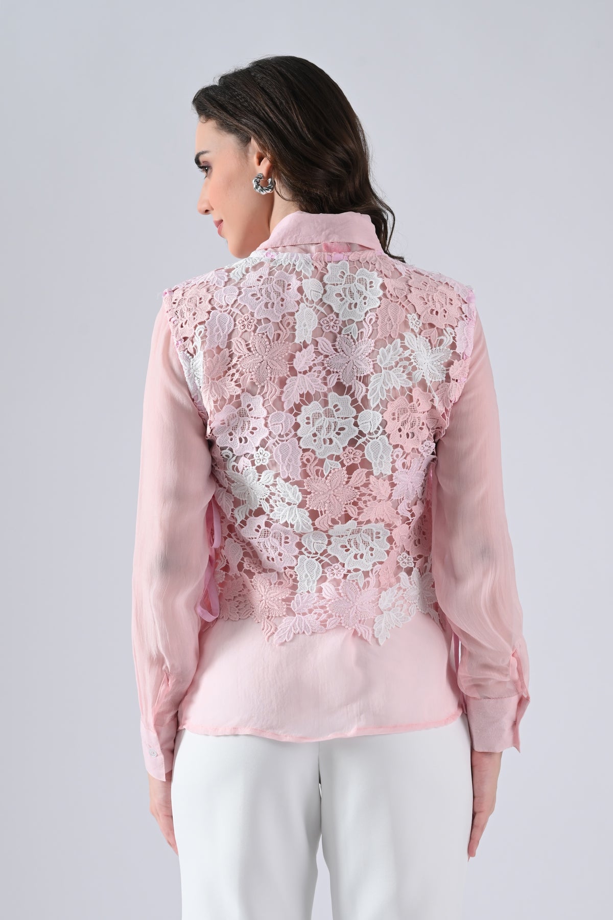 Pink Organza Shirt with Lace-work Cape and Tie Strings