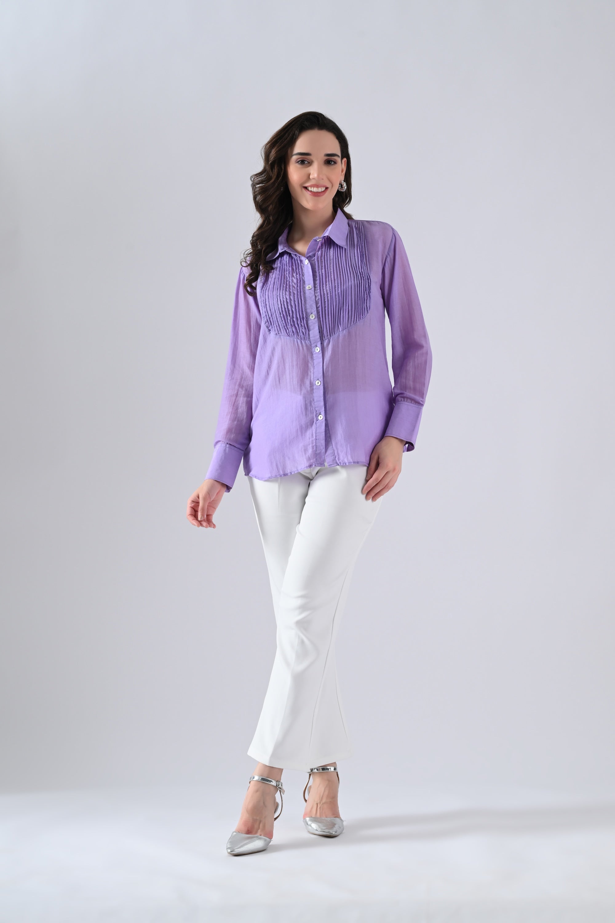 Light Purple Cotton Silk Shirt with Frills