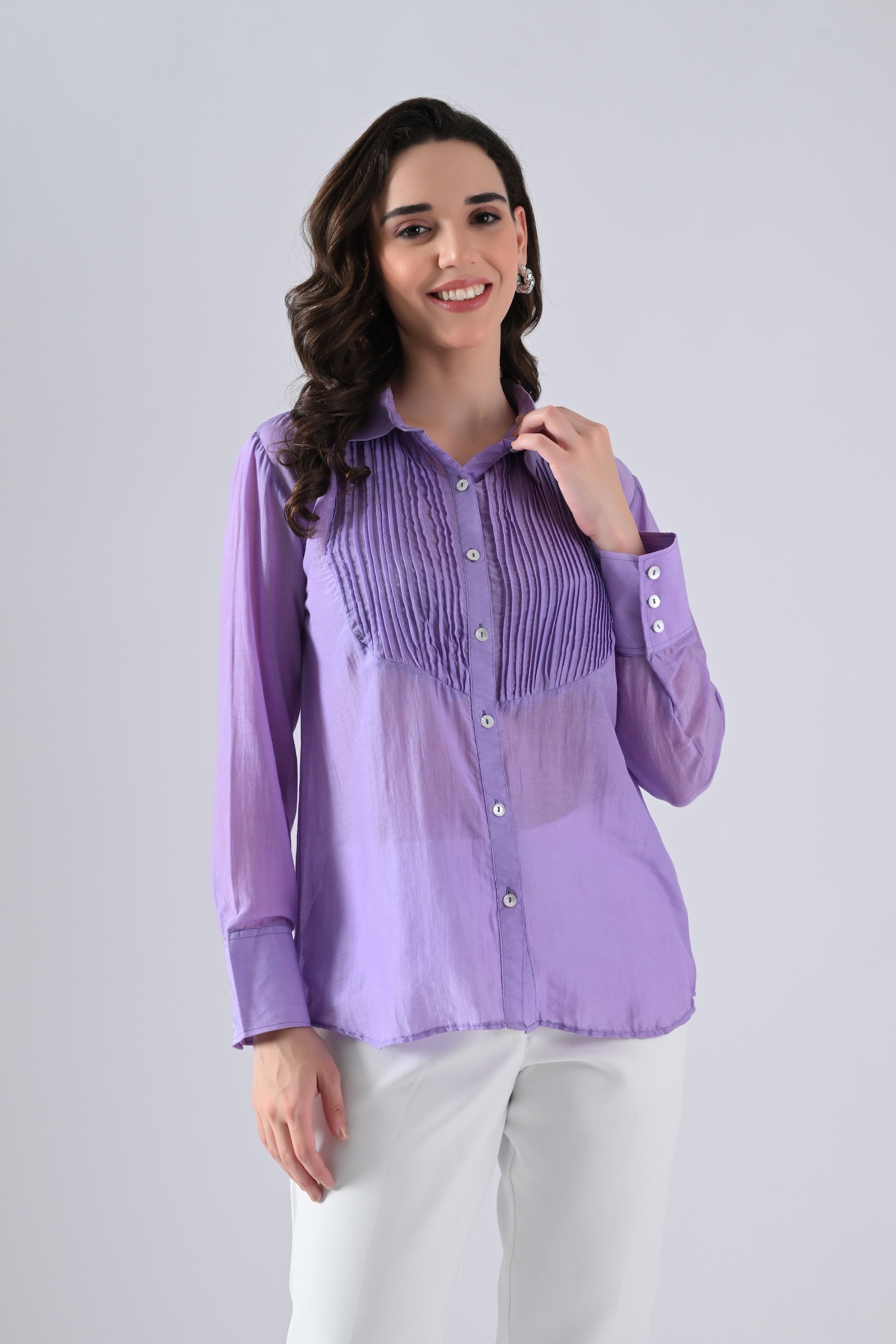 Light Purple Cotton Silk Shirt with Frills