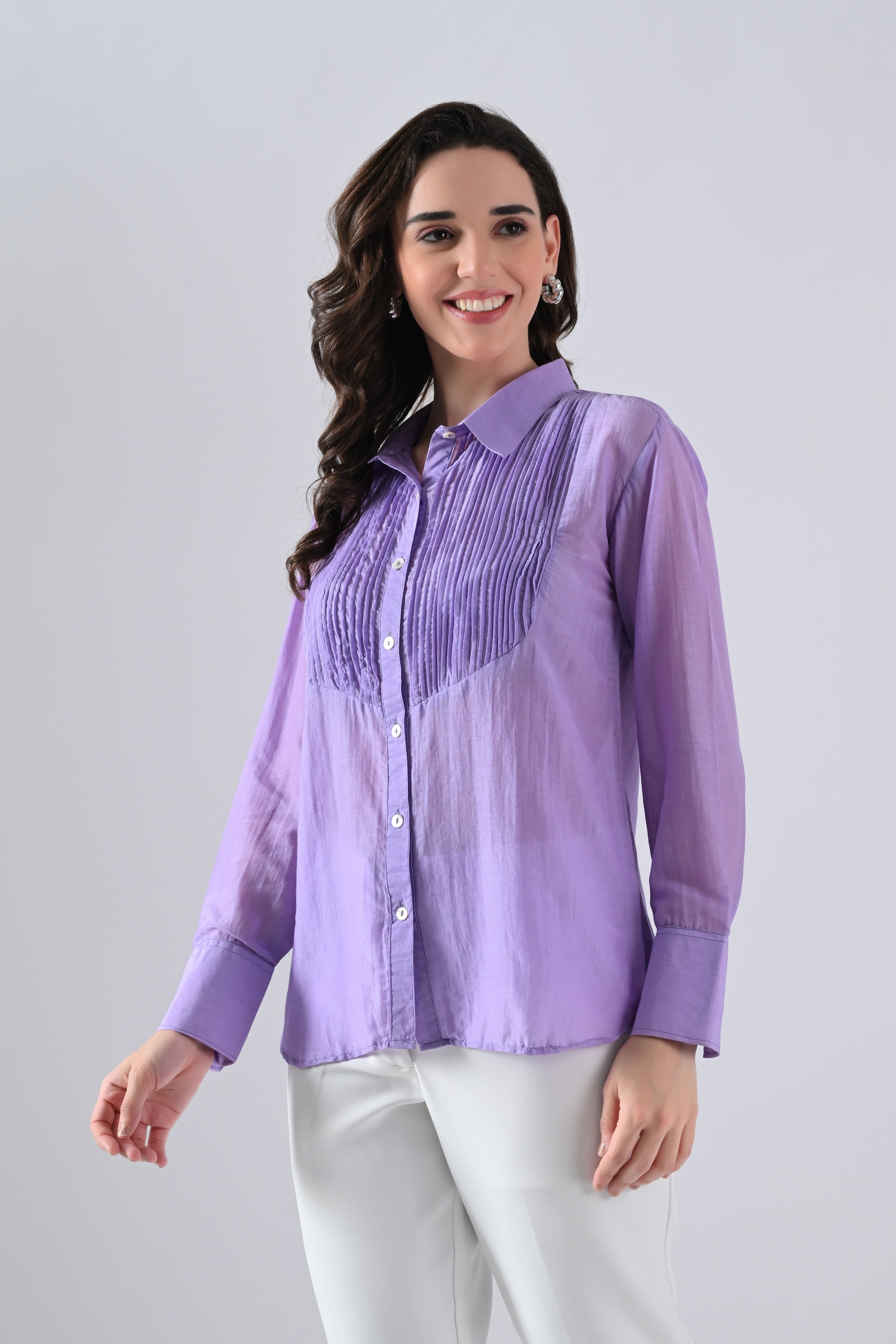 Light Purple Cotton Silk Shirt with Frills