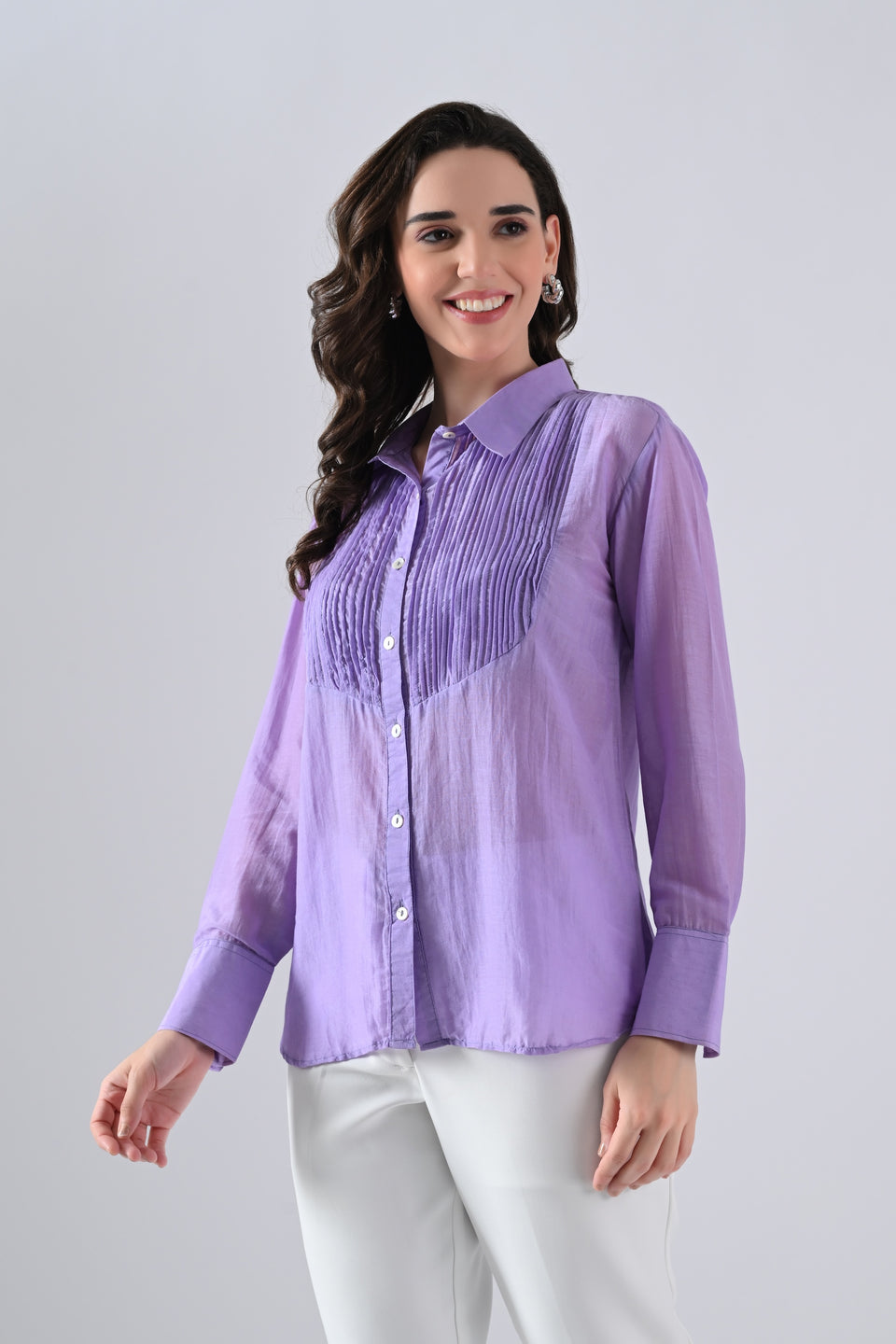 Light Purple Cotton Silk Shirt with Frills