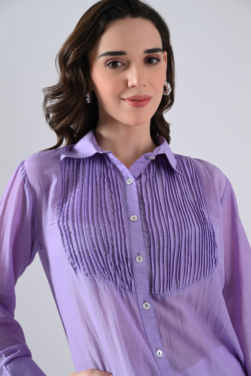Light Purple Cotton Silk Shirt with Frills