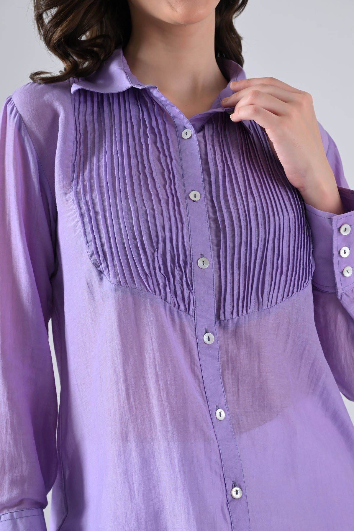 Light Purple Cotton Silk Shirt with Frills