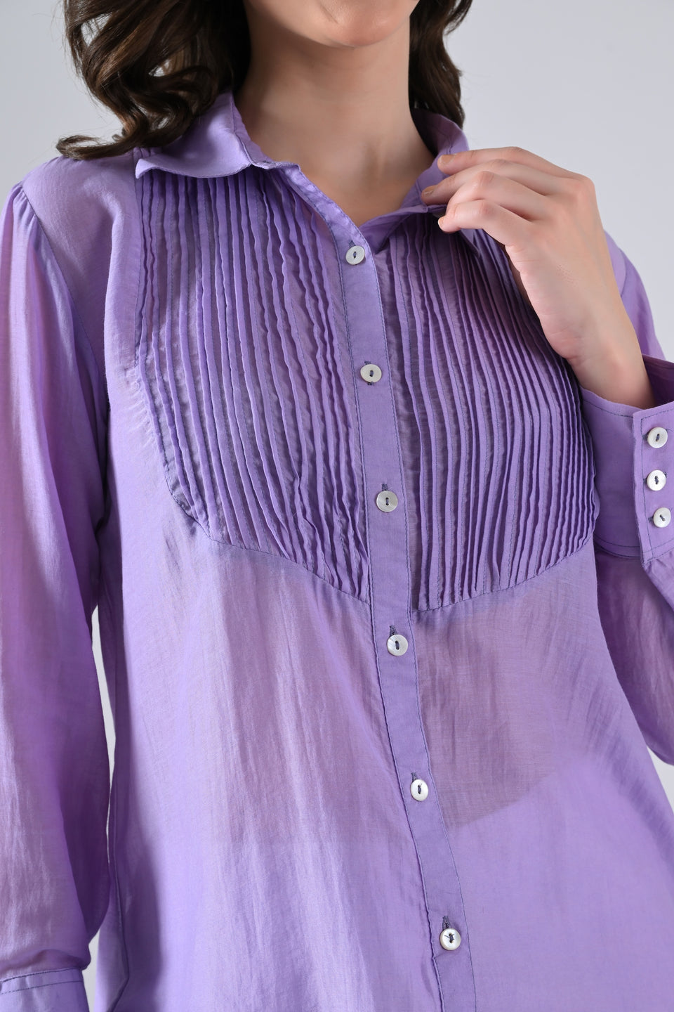 Light Purple Cotton Silk Shirt with Frills