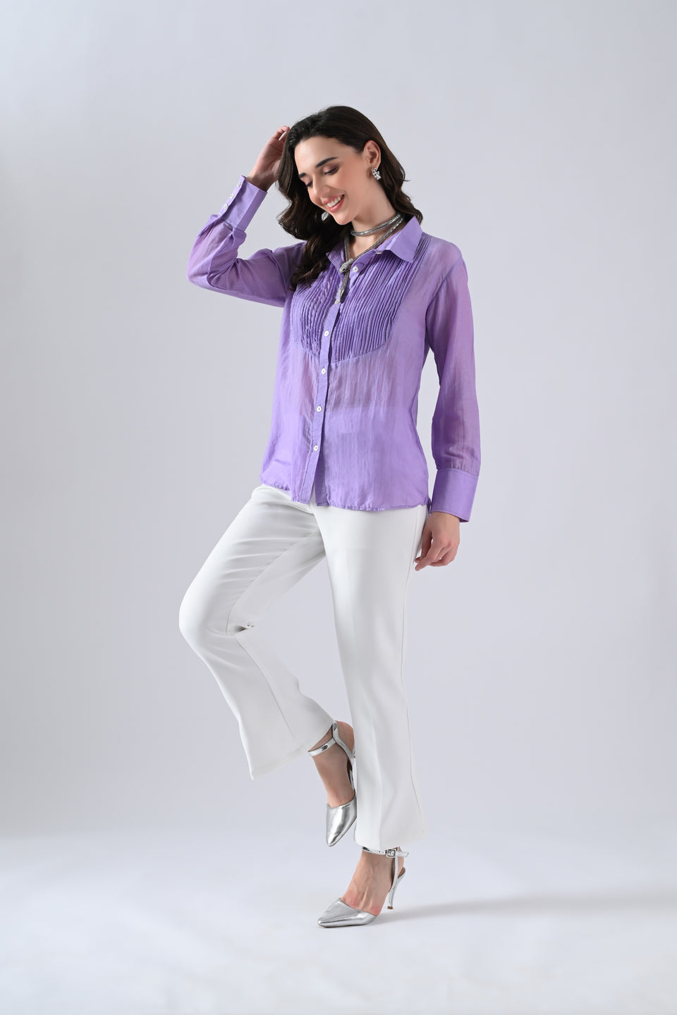 Light Purple Cotton Silk Shirt with Frills