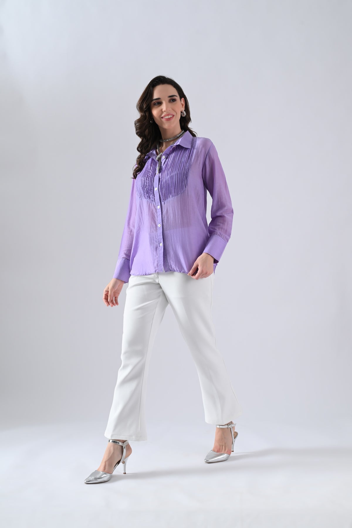 Light Purple Cotton Silk Shirt with Frills