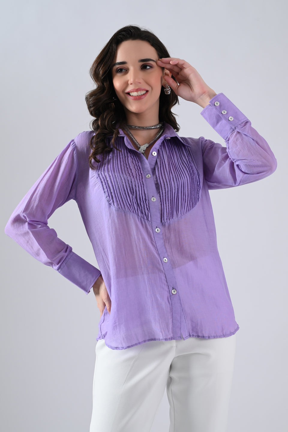 Light Purple Cotton Silk Shirt with Frills