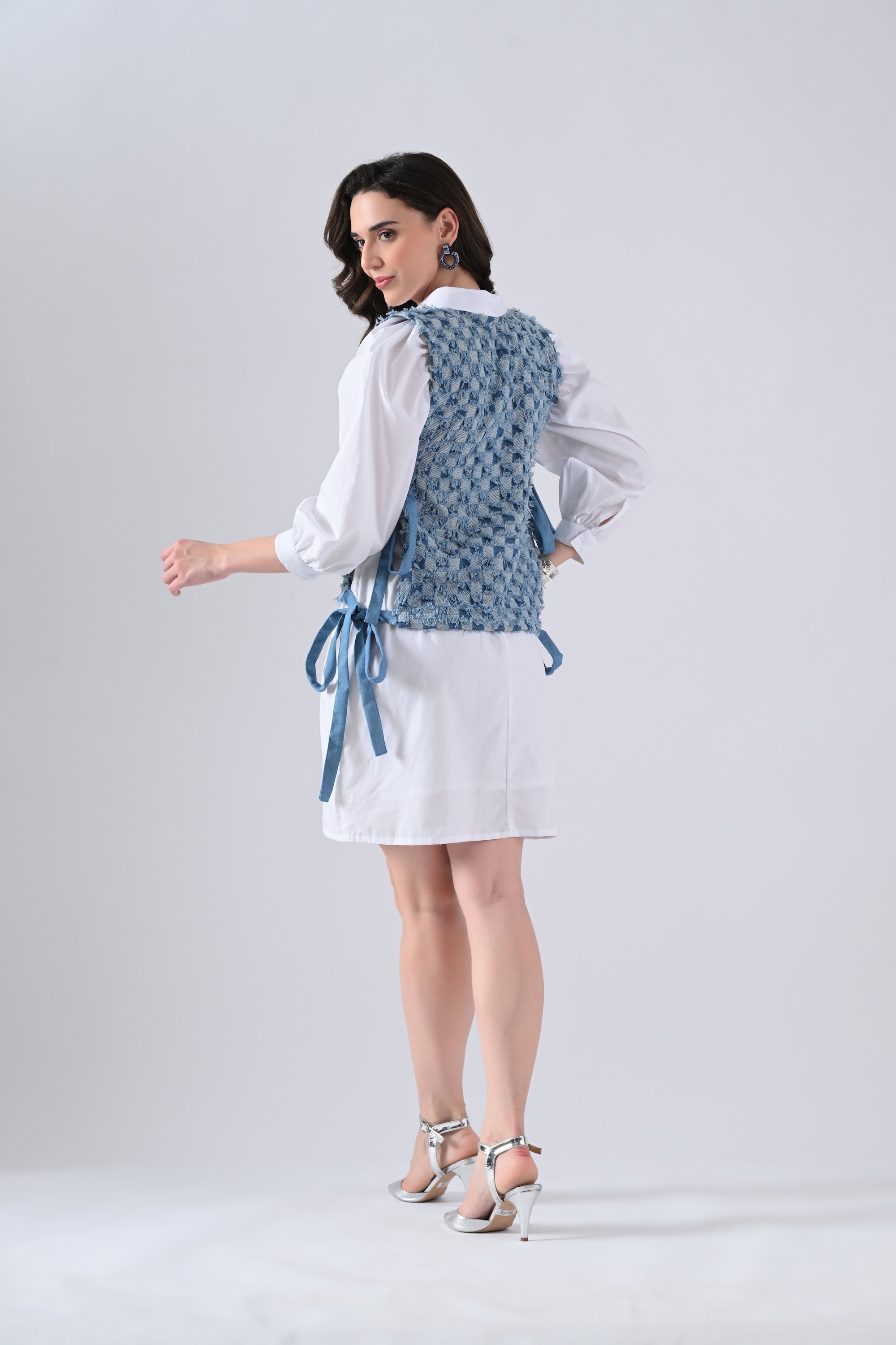 White Cotton Shirt Dress with Blue Checked Cape and Tie Strings