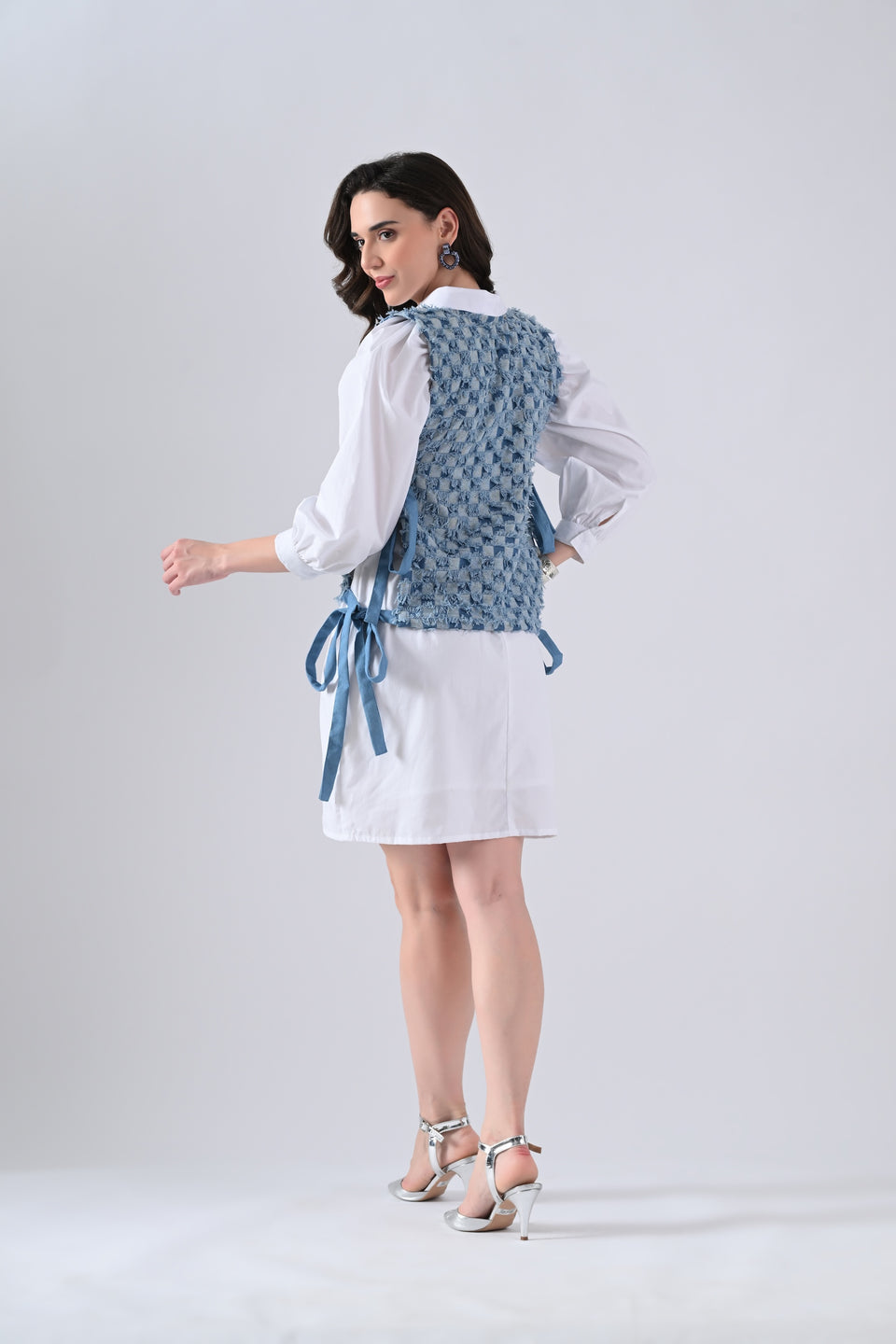 White Cotton Shirt Dress with Blue Checked Cape and Tie Strings