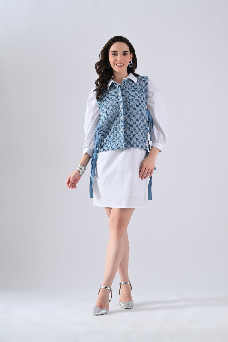 White Cotton Shirt Dress with Blue Checked Cape and Tie Strings