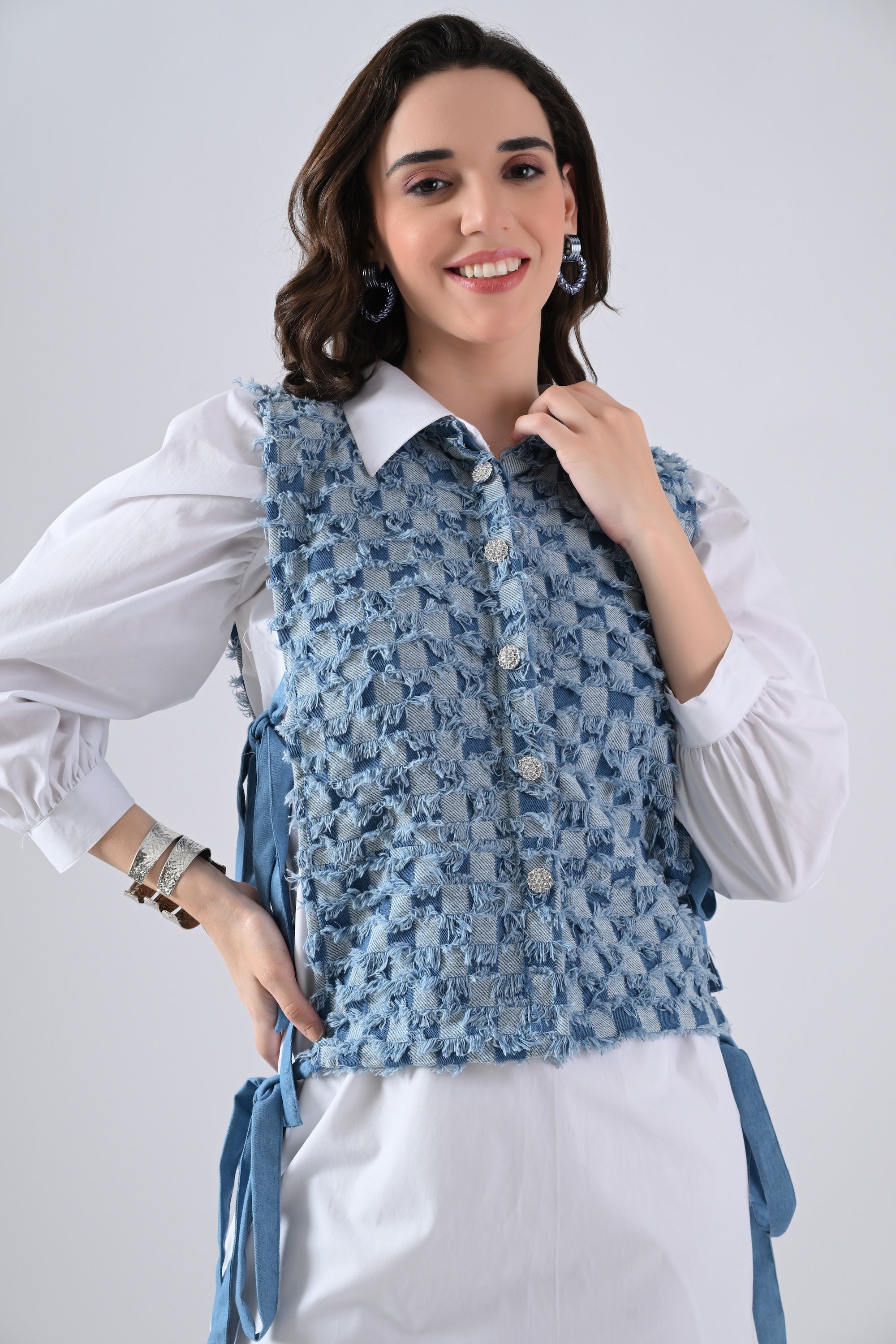 White Cotton Shirt Dress with Blue Checked Cape and Tie Strings